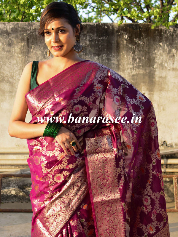 Banarasee Faux Georgette Saree With Zari Jaal Work & Floral Border-Violet