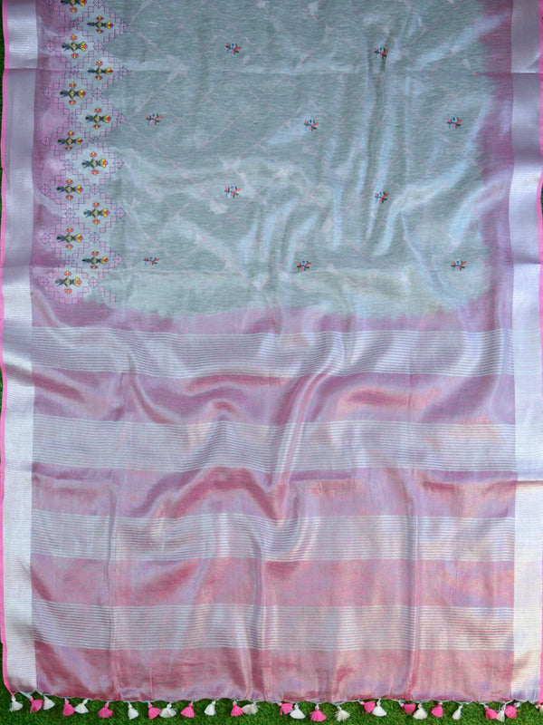 Banarasee Handloom Pure Linen By Tissue Embroidered Saree-Silver & Pink