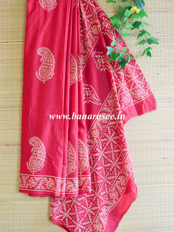 Handloom Mul Cotton Hand Print Saree-Red
