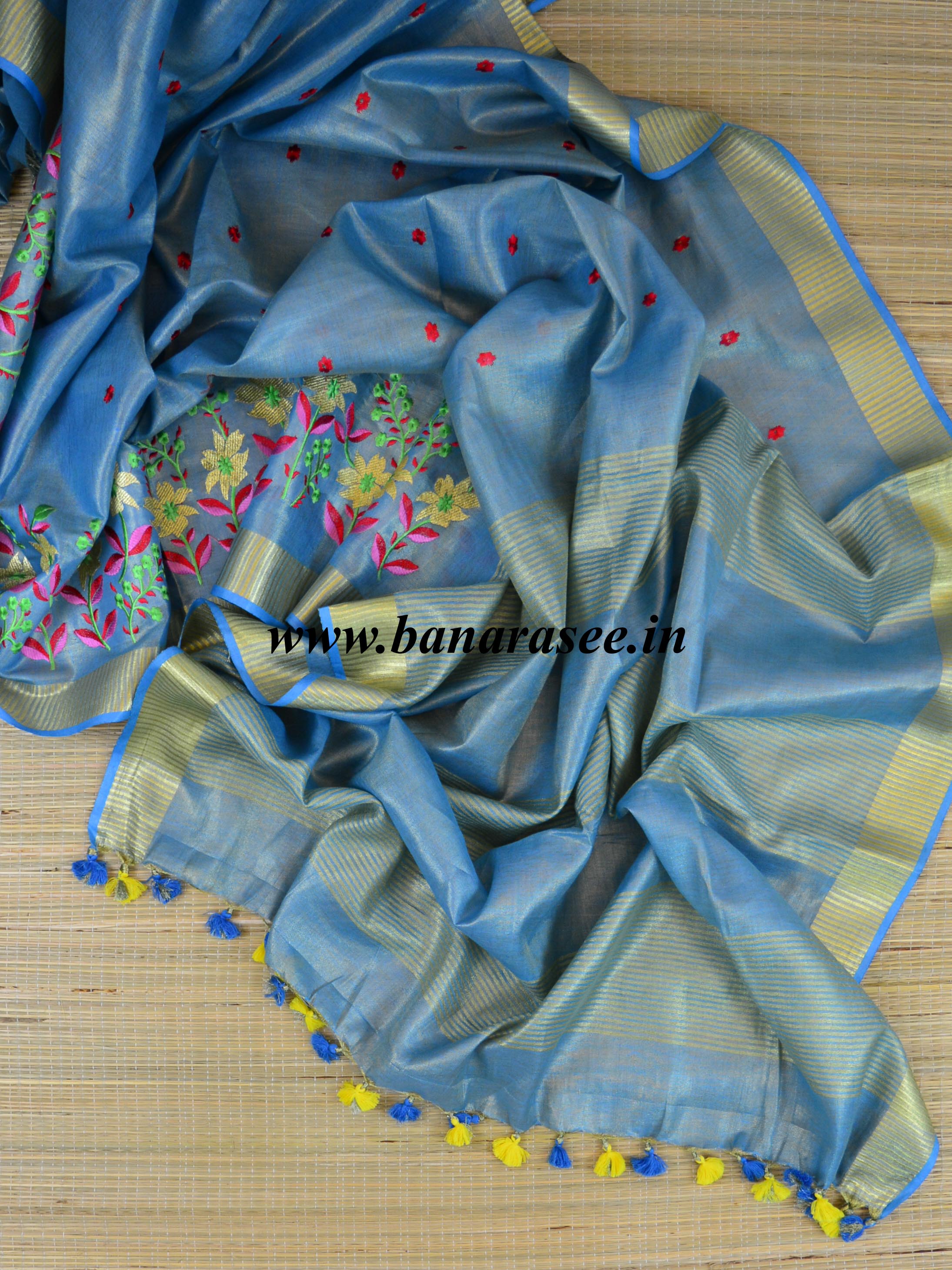 Banarasee Handloom Pure Linen By Tissue Embroidered Saree-Blue(Gold Tone)