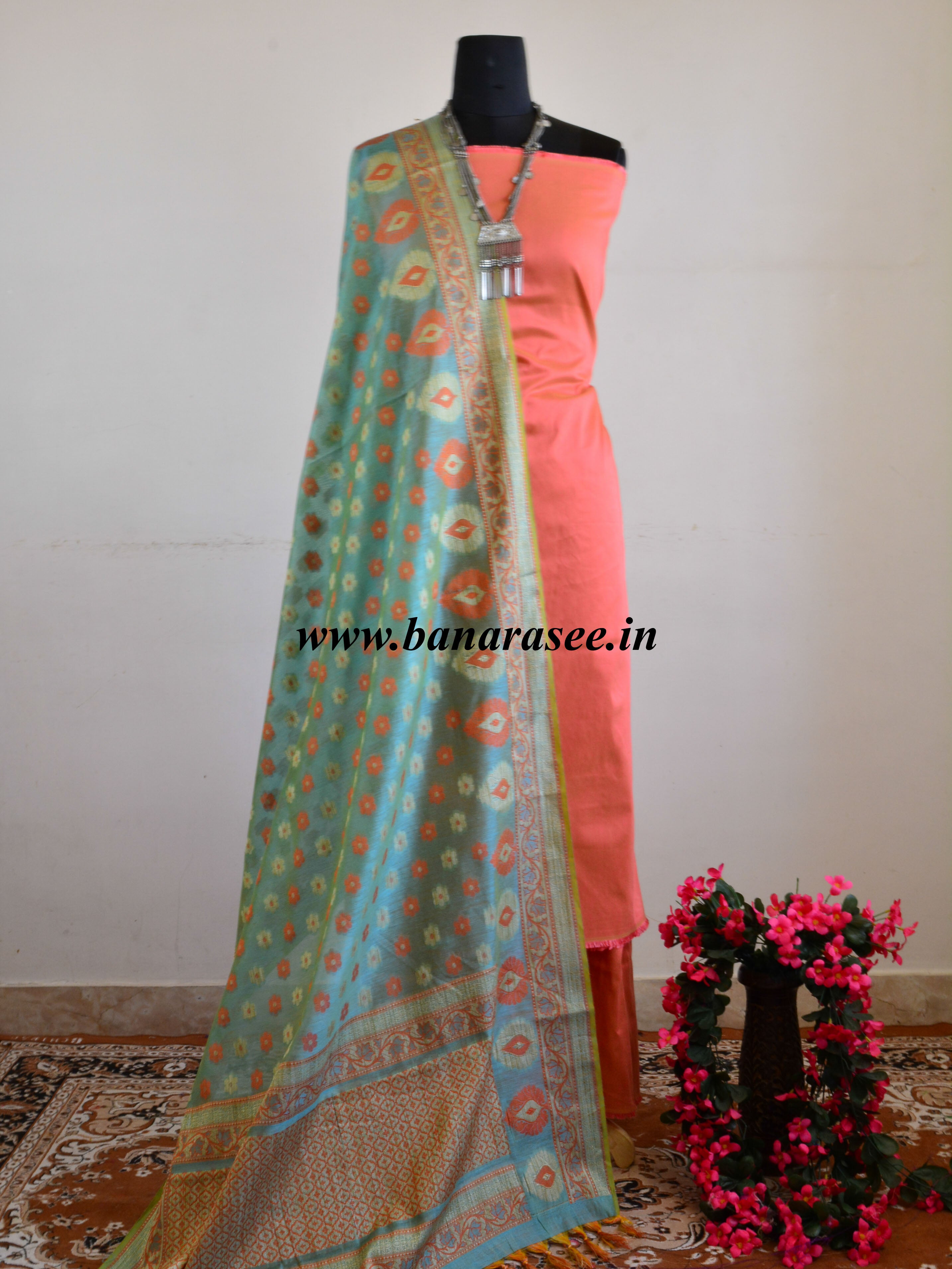 Banarasee Salwar Kameez Cotton Silk Fabric With Contrast Blue Meena Dupatta-Peach