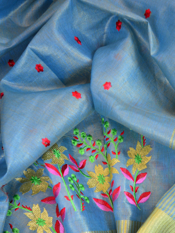 Banarasee Handloom Pure Linen By Tissue Embroidered Saree-Blue(Gold Tone)