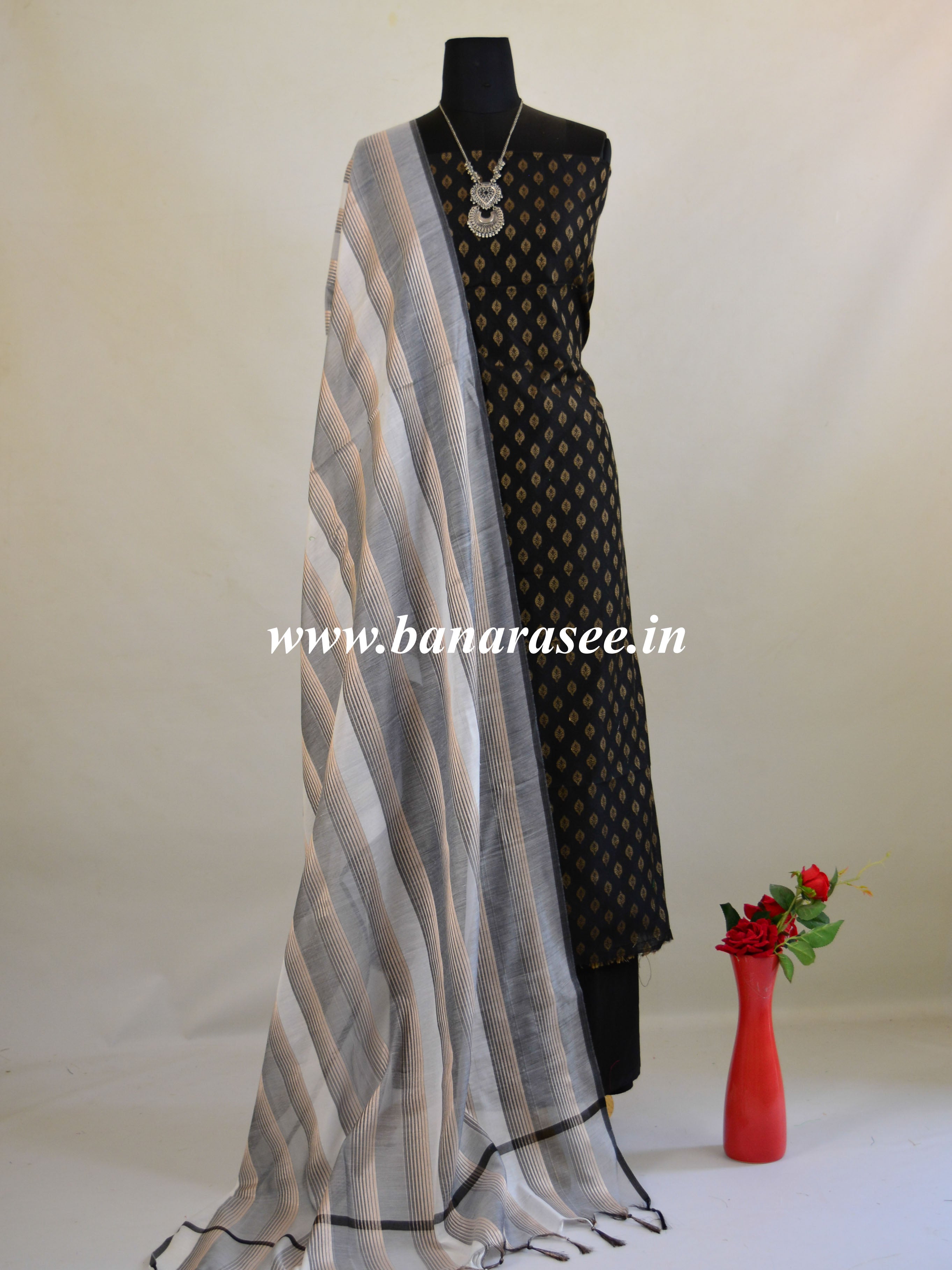 Banarasee Salwar Kameez Soft Cotton Resham Woven Fabric With Contrast Dupatta-Black