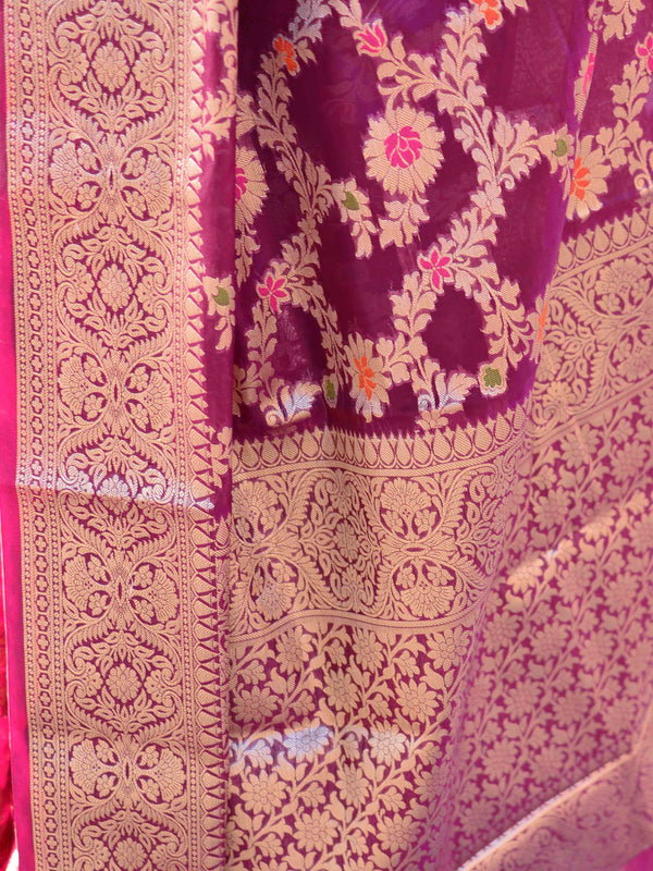 Banarasee Faux Georgette Saree With Zari Jaal Work & Floral Border-Violet