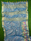 Banarasee Handloom Pure Linen By Tissue Embroidered Saree-Blue(Gold Tone)