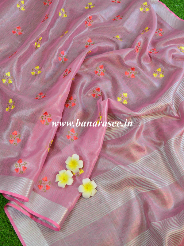 Banarasee Handloom Pure Linen By Tissue Embroidered Saree-Pink