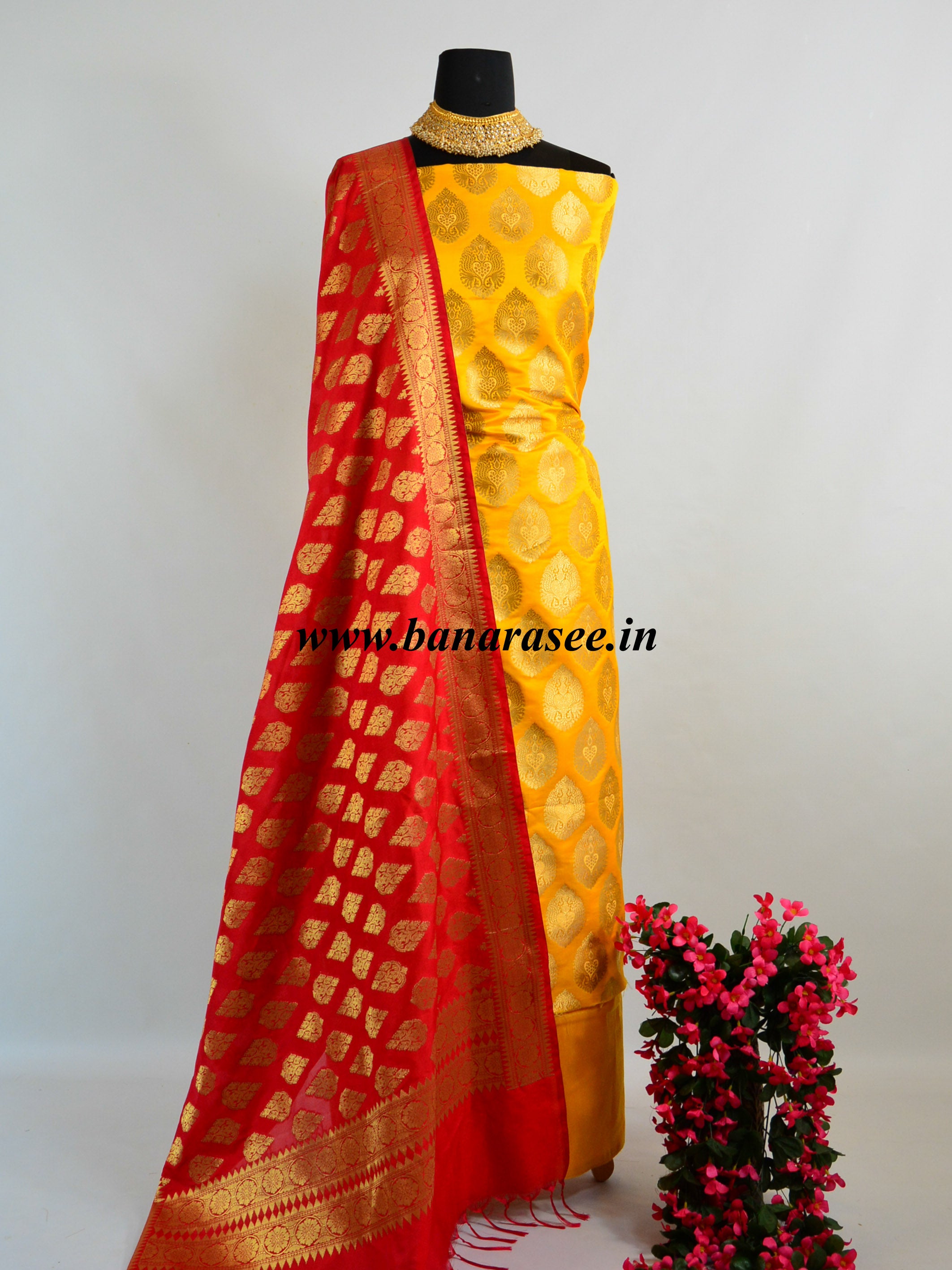 Banarasee Handwoven Satin Brocade Salwar Kameez Fabric & Red Art Silk Dupatta-Yellow