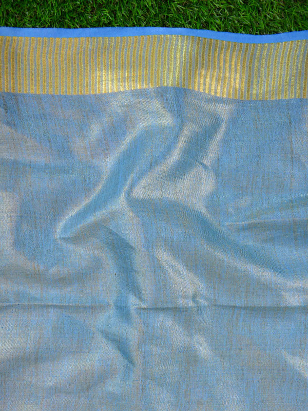 Banarasee Handloom Pure Linen By Tissue Embroidered Saree-Blue(Gold Tone)