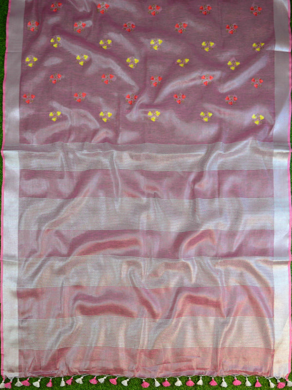 Banarasee Handloom Pure Linen By Tissue Embroidered Saree-Pink
