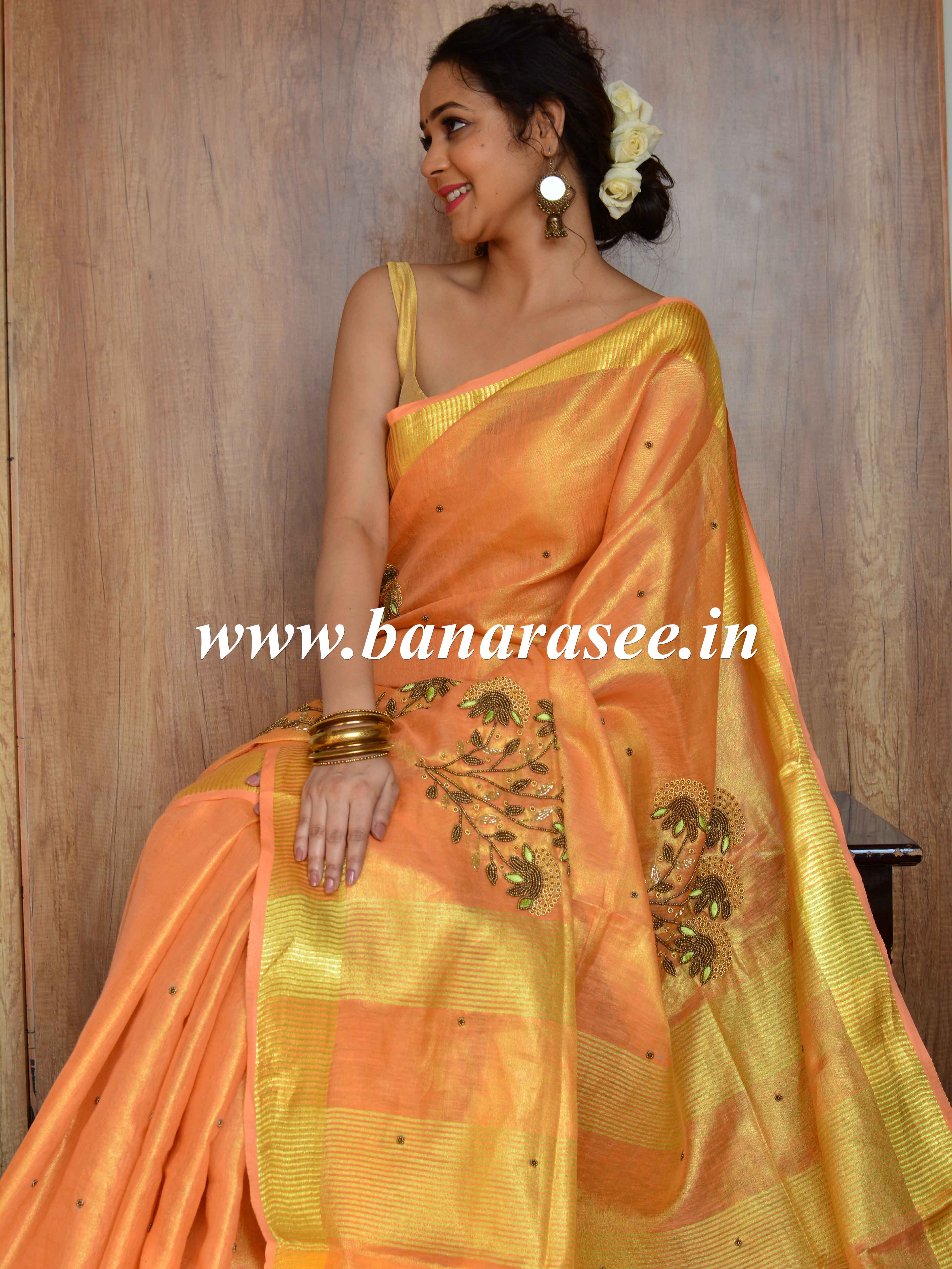 Banarasee Handloom Pure Linen By Tissue Saree With Pearl Embroidery-Peach
