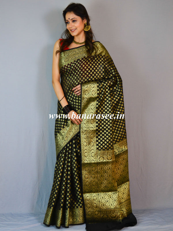 Banarasee Handwoven Semi-Chiffon Saree With Floral Border & Buta-Black