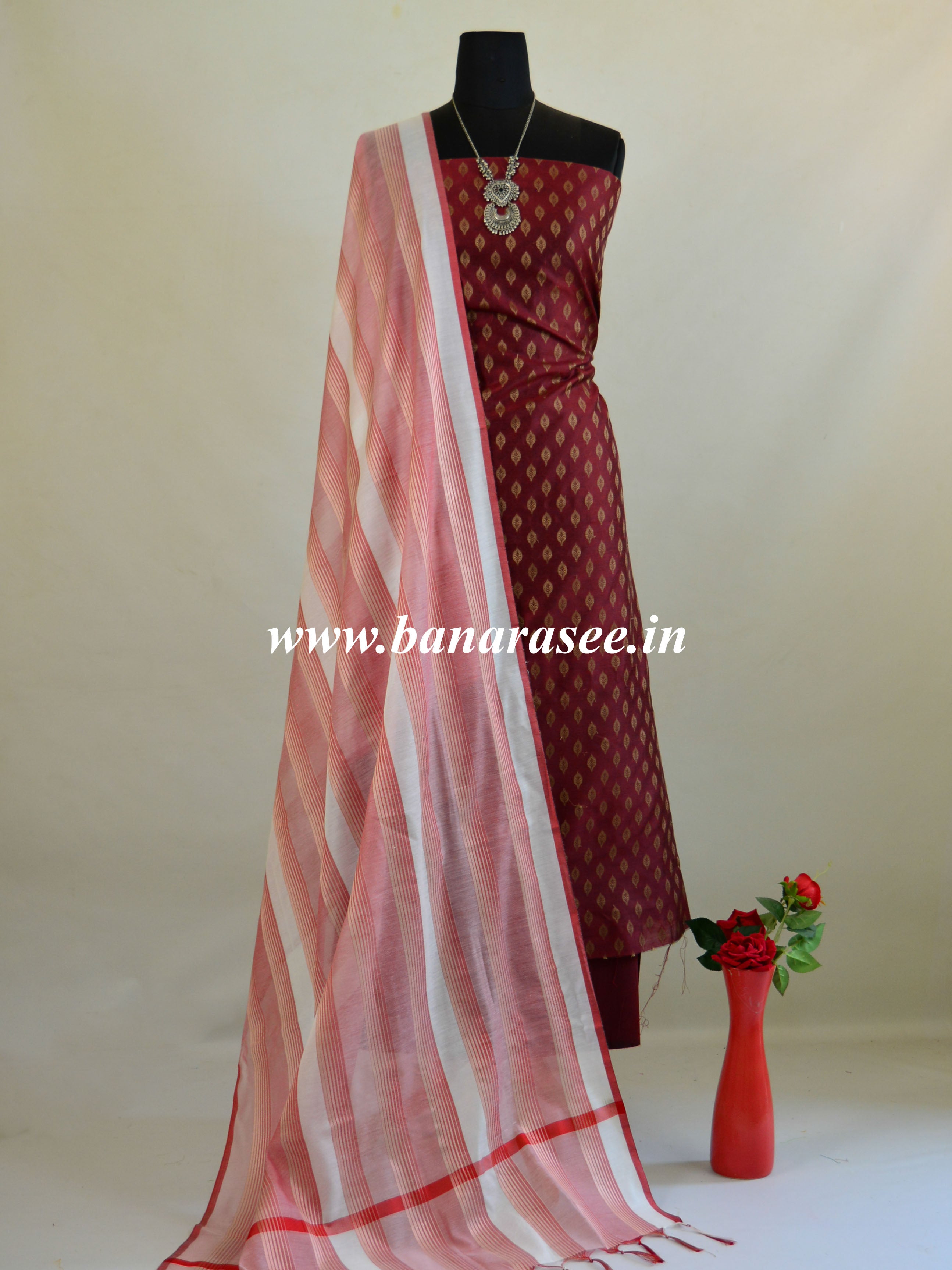 Banarasee Salwar Kameez Soft Cotton Resham Woven Fabric With Contrast Dupatta-Maroon