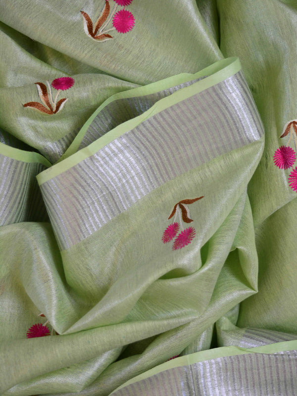 Banarasee Handloom Pure Linen By Tissue Embroidered Saree-Green(Silver Tone)