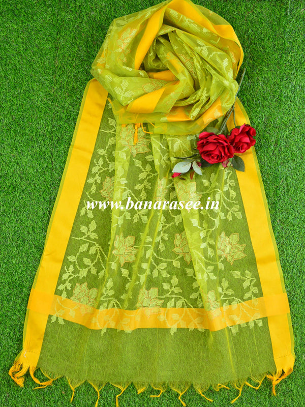 Banarasee Embroidered Resham Jaal Design Organza Dupatta-Henna Green