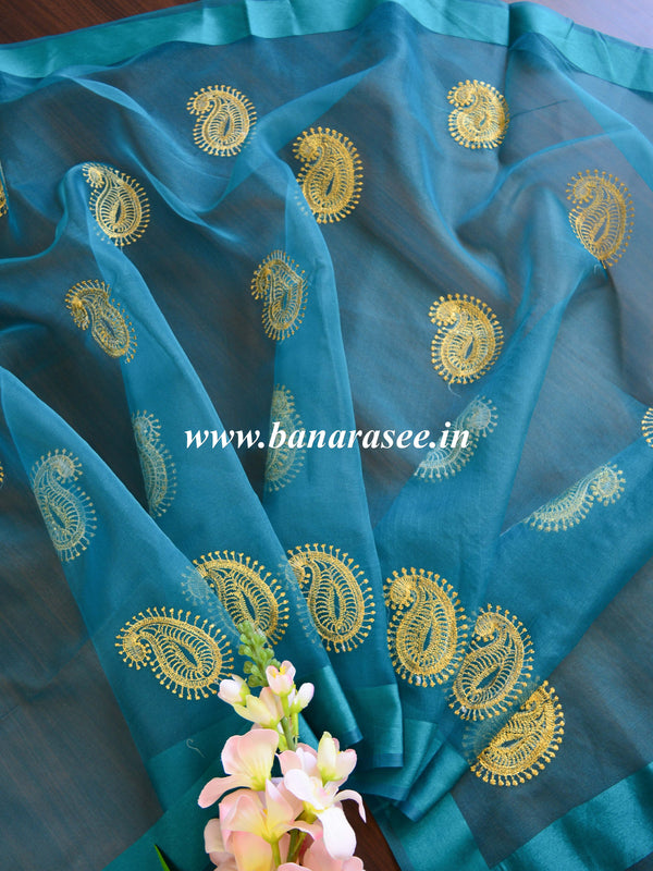 Banarasee Embroidered Gold Buta Design Organza Dupatta-Rama Green