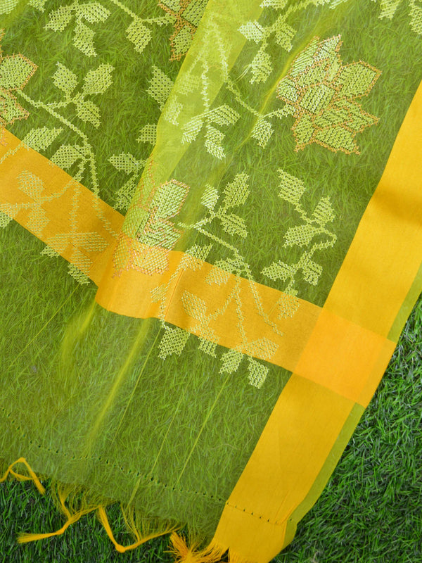 Banarasee Embroidered Resham Jaal Design Organza Dupatta-Henna Green