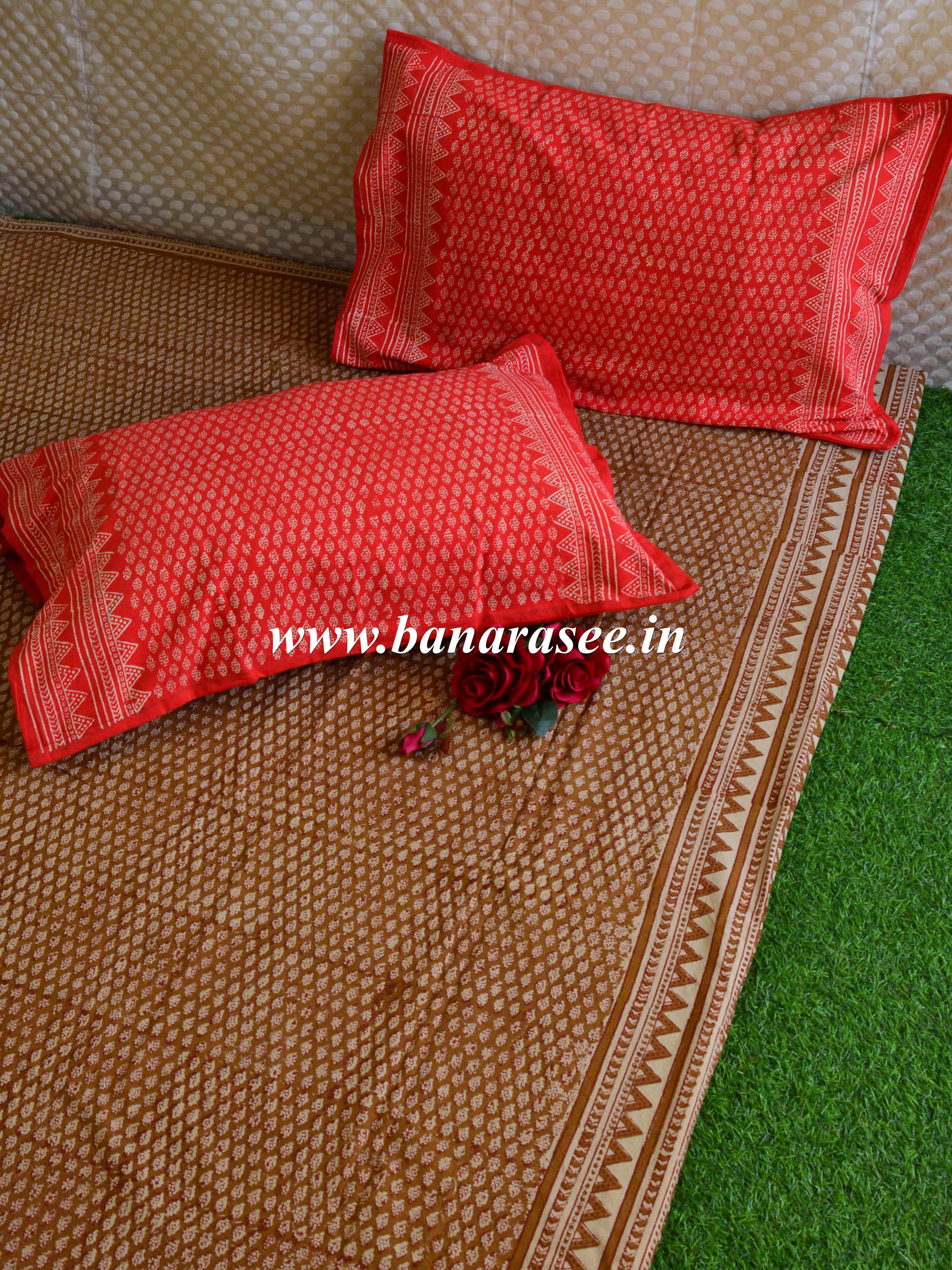 20x20  Cotton Handblock Printed King Size Bedsheet-Brown & Orange