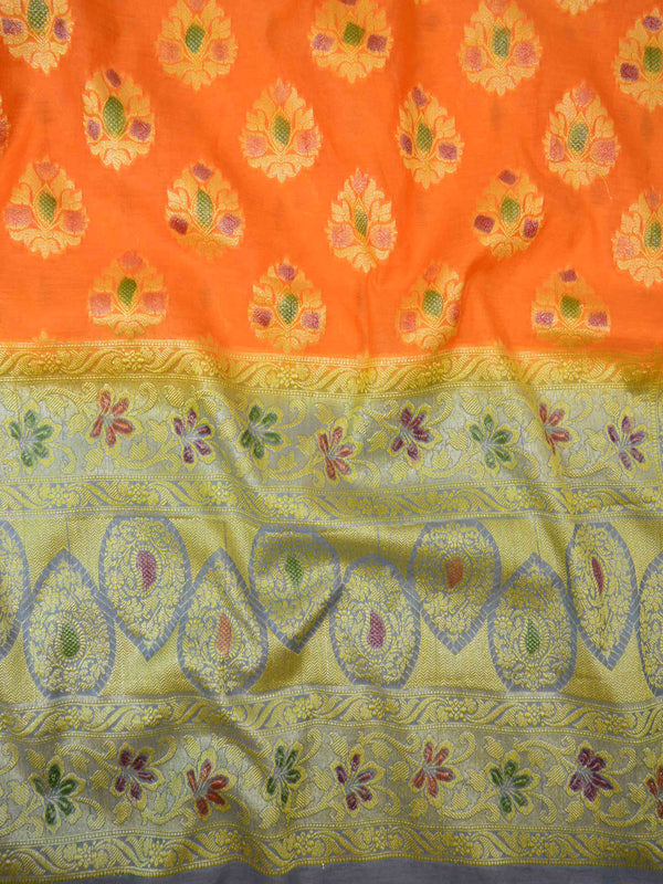 Banarasee Cotton Silk Zari Woven Hand-Painted Salwar Kameez Dupatta Set-Grey & Orange