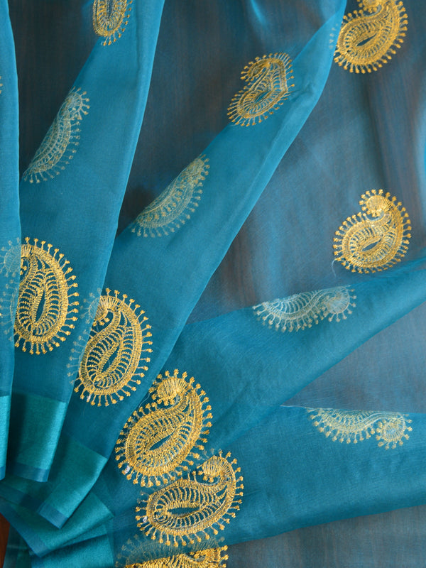 Banarasee Embroidered Gold Buta Design Organza Dupatta-Rama Green