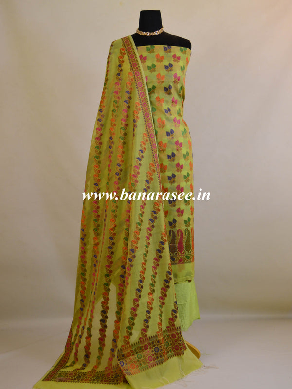 Banarasee Semi Silk Salwar Kameez Dupatta Set Meena & Zari Design-Henna Green