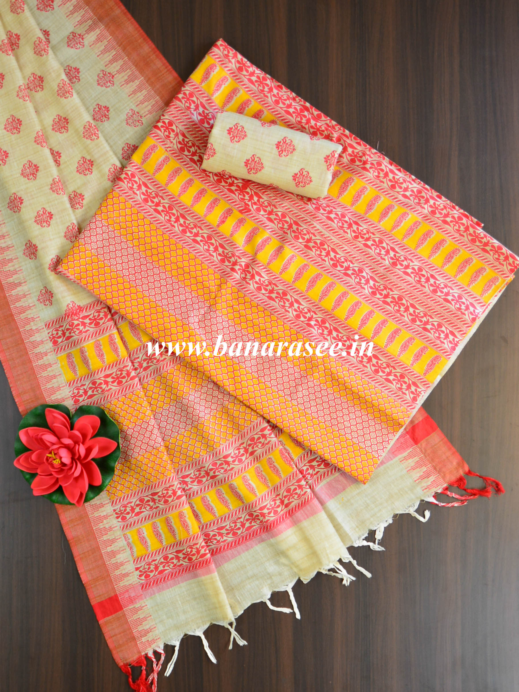 Handloom Block Printed Khadi Cotton Salwar Kameez Dupatta Set-Orange & Beige