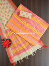 Handloom Block Printed Khadi Cotton Salwar Kameez Dupatta Set-Orange & Beige