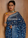 Linen Cotton Bagru Hand-Block Printed Saree-Indigo