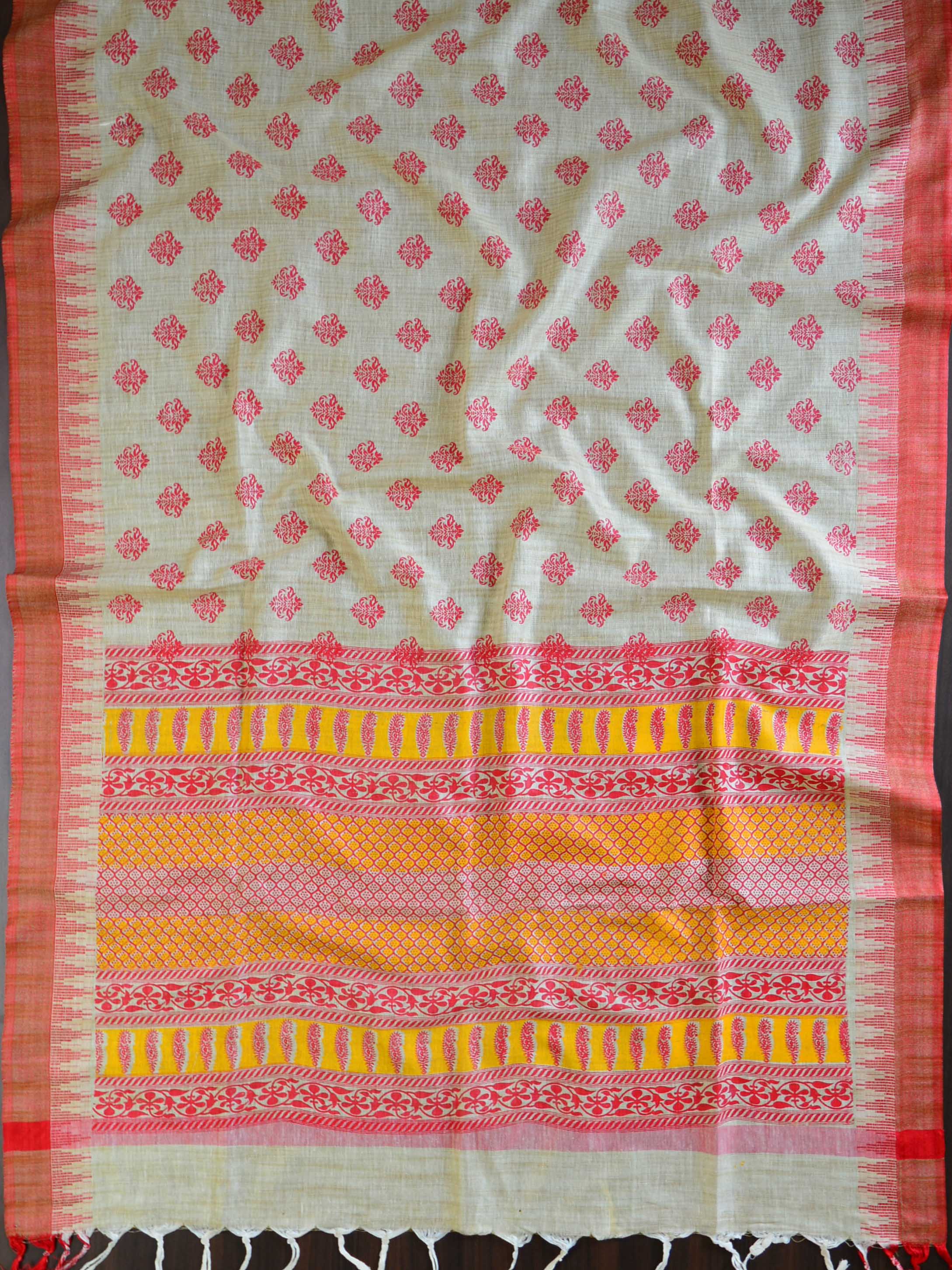 Handloom Block Printed Khadi Cotton Salwar Kameez Dupatta Set-Orange & Beige