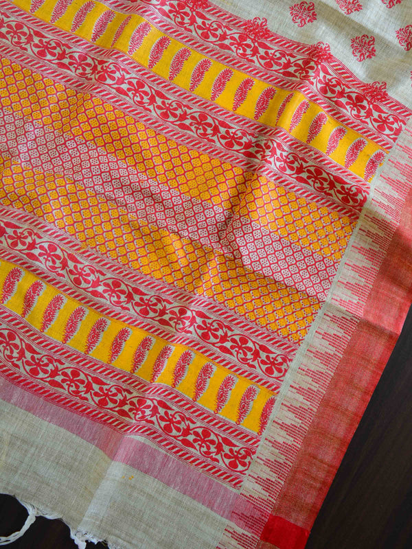 Handloom Block Printed Khadi Cotton Salwar Kameez Dupatta Set-Orange & Beige