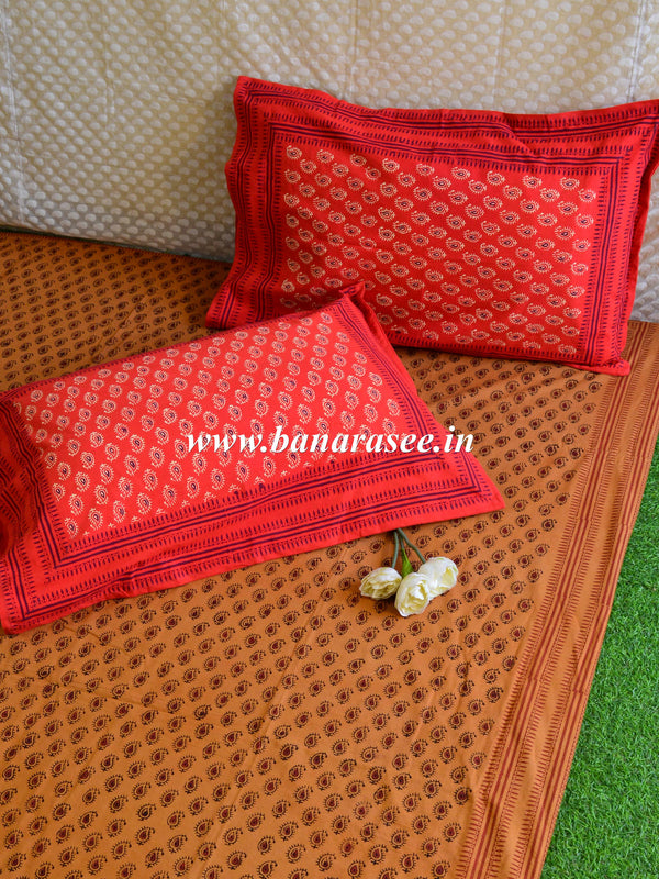 20x20  Cotton Handblock Printed King Size Bedsheet-Yellow & Orange