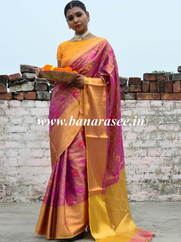 Banarasee Handwoven Semi Silk Saree With Jaal & Zari Border Design-Magenta