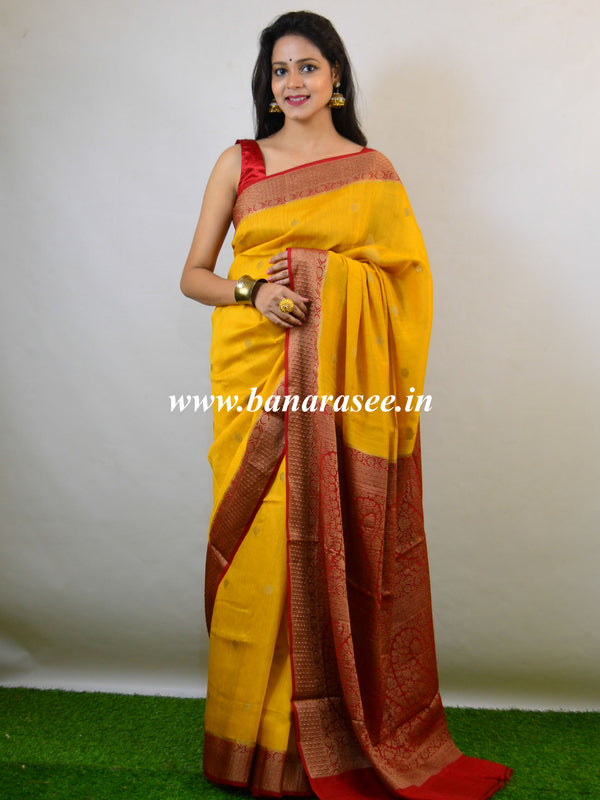 Banarasee Handwoven Pure Muga Silk Sari With Floral Border & Pallu-Yellow