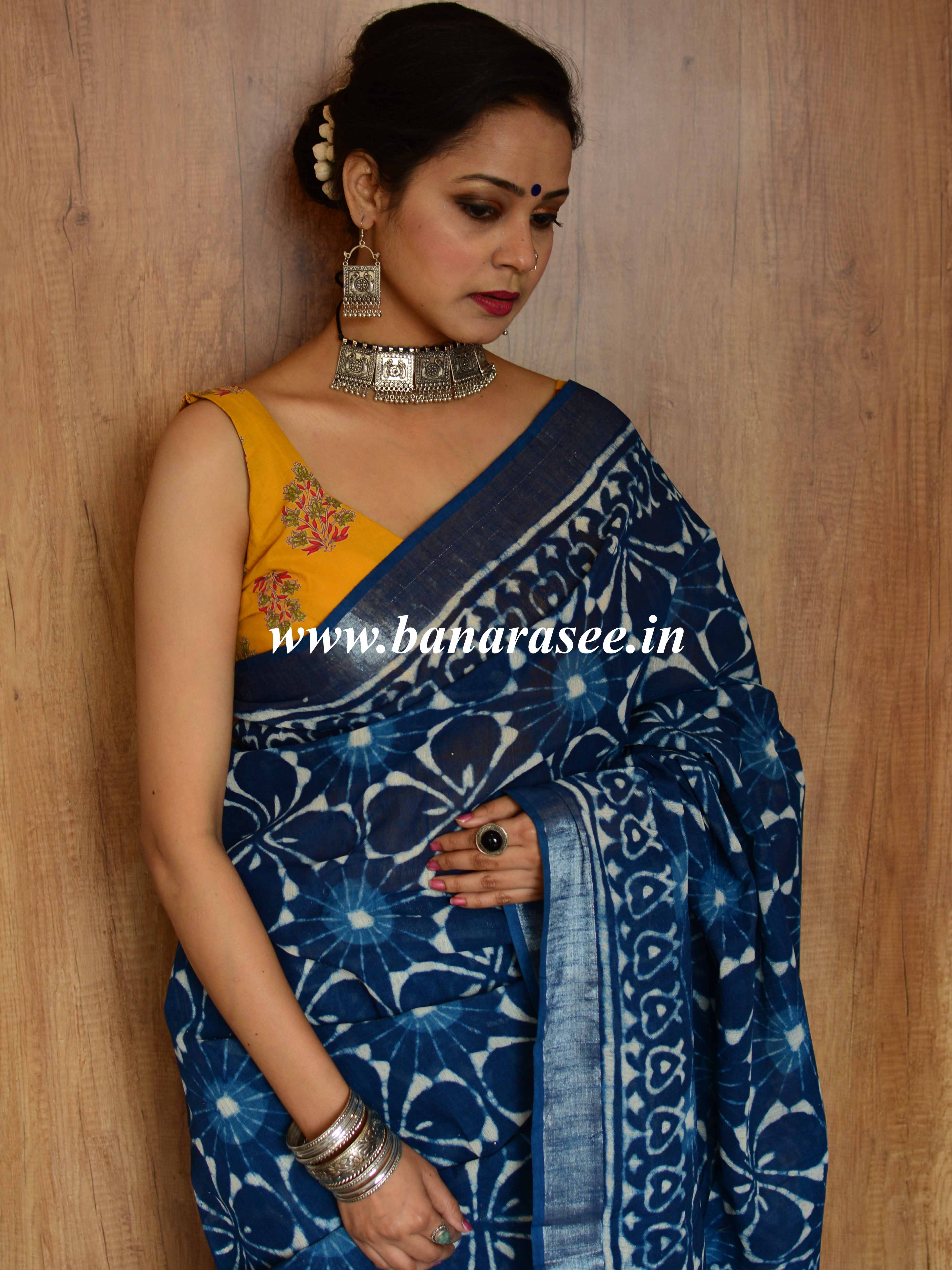 Linen Cotton Bagru Hand-Block Printed Saree-Indigo