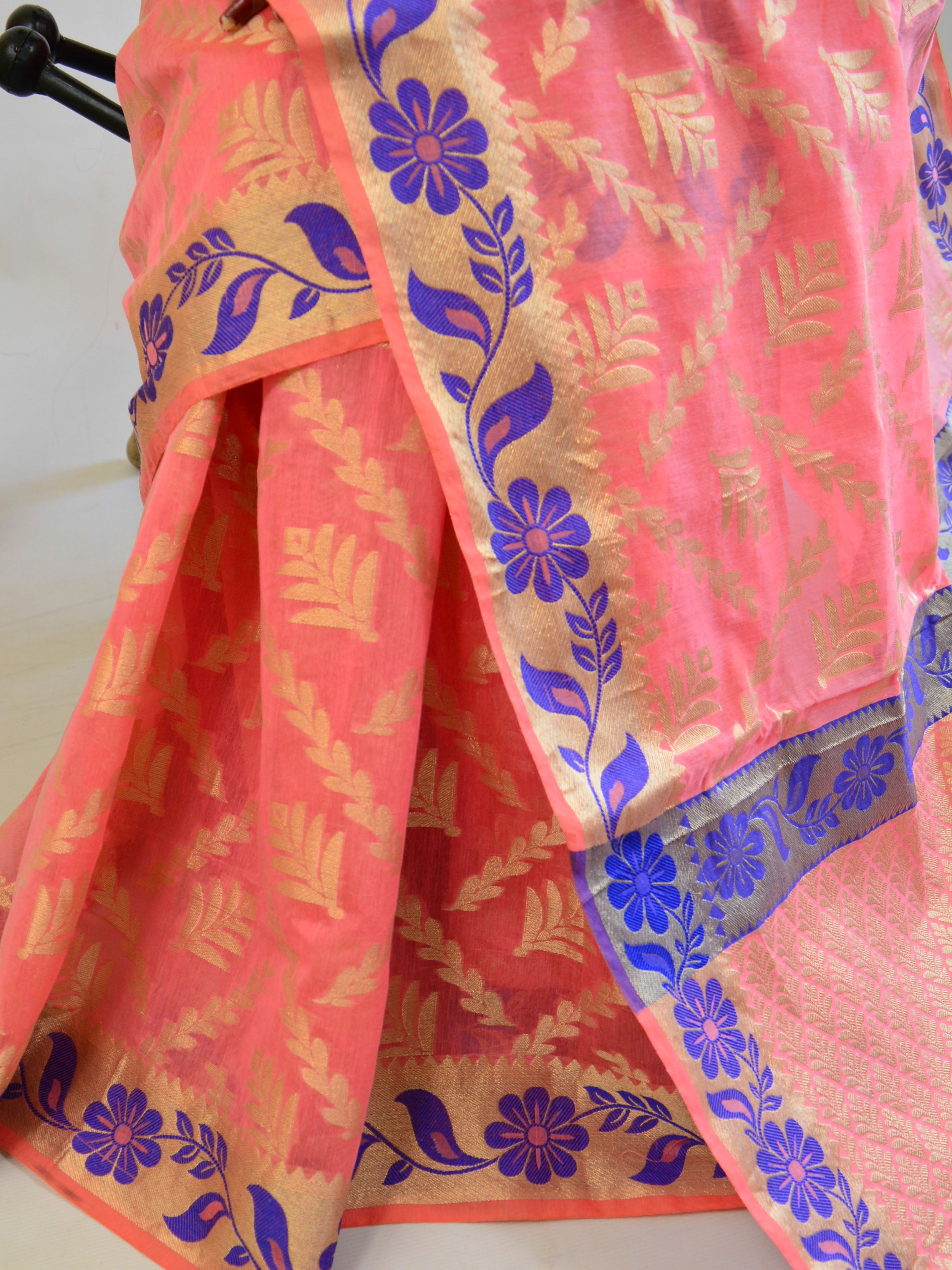 Banarasee Cotton Mix Saree With Resham Floral Border-Pink