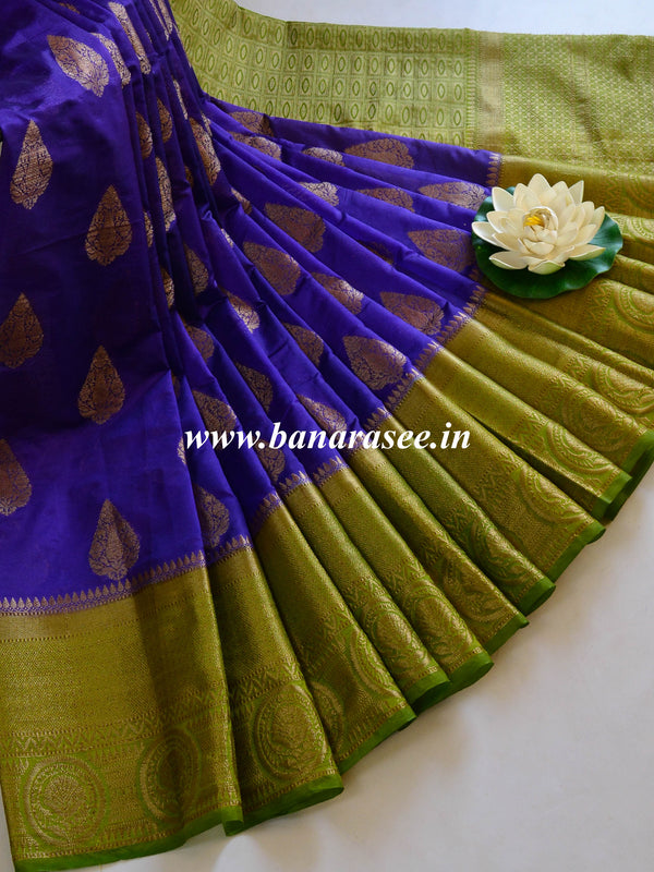 Banarasee Handwoven Semi Silk Saree With Contrast Border-Violet