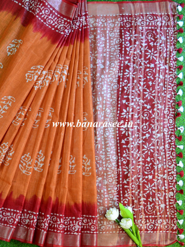 Bhagalpur Handloom Pure Linen Cotton Hand-Dyed Batik Pattern Saree-Rust & Red