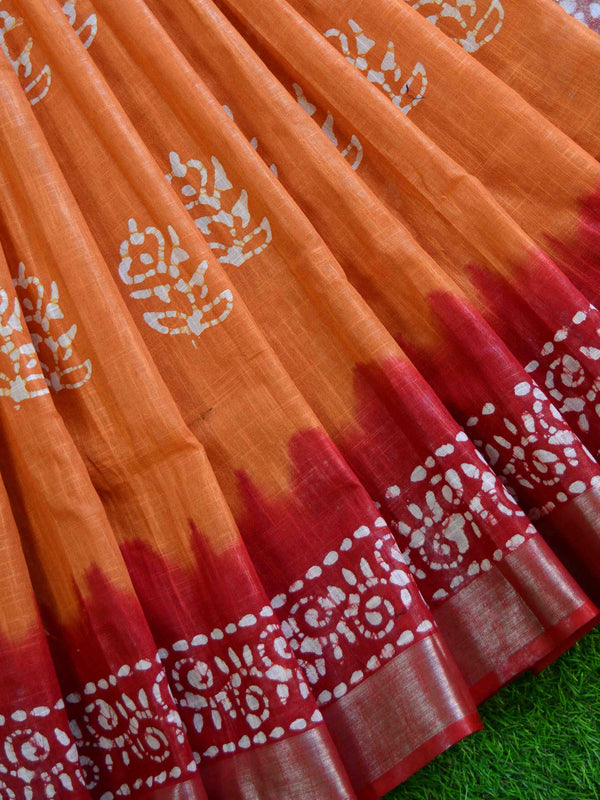 Bhagalpur Handloom Pure Linen Cotton Hand-Dyed Batik Pattern Saree-Rust & Red