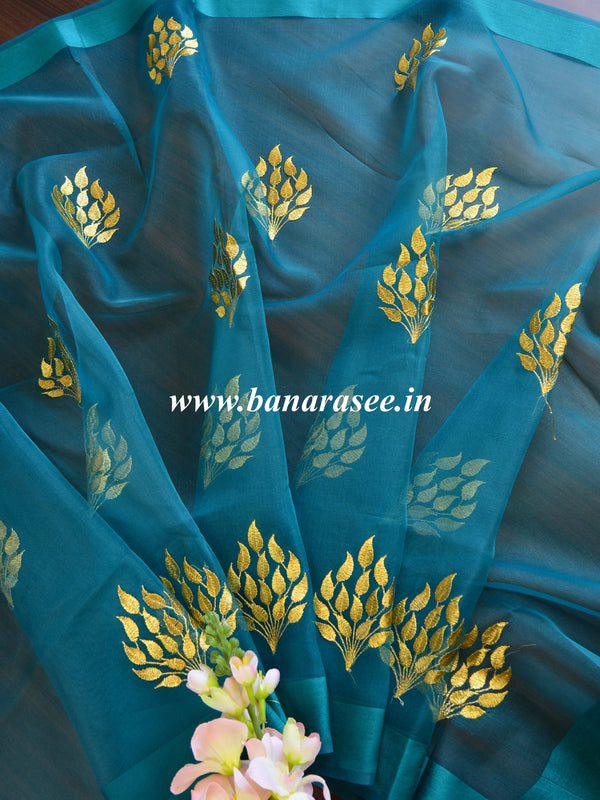 Banarasee Embroidered Gold Buta Design Organza Dupatta-Green