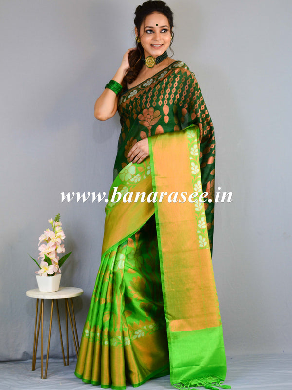 Banarasee Handwoven Semi-Chiffon Saree With Silver & Copper Zari & Dual Color-Green