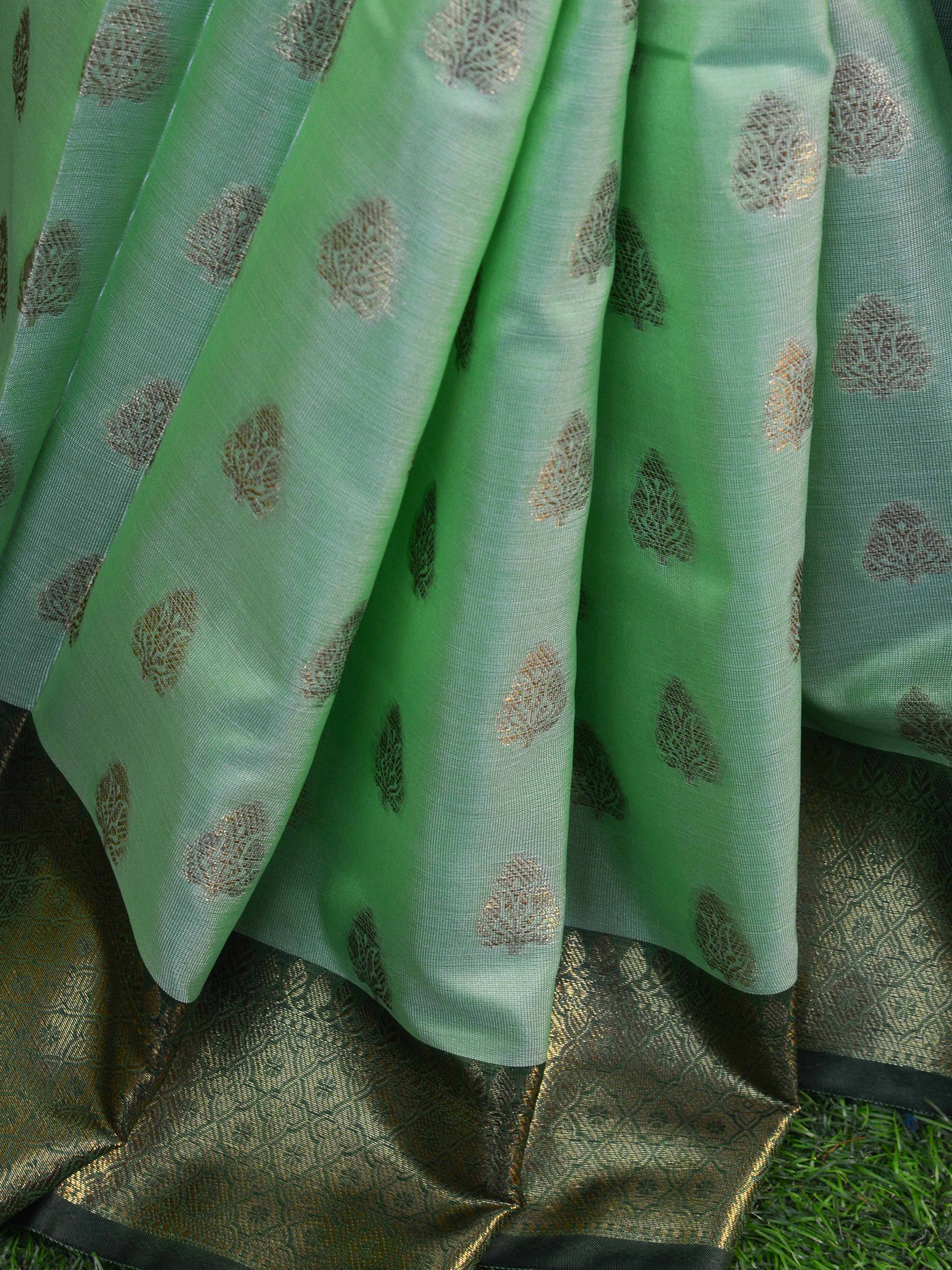 Banarasee Art Silk Saree With Buta Design & Contrast Border-Green