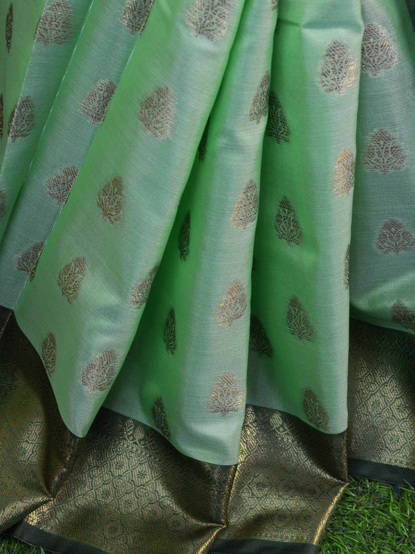 Banarasee Art Silk Saree With Buta Design & Contrast Border-Green