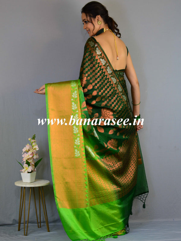 Banarasee Handwoven Semi-Chiffon Saree With Silver & Copper Zari & Dual Color-Green