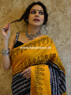Handloom Mul Cotton Ajrakh Print Saree-Black & Yellow