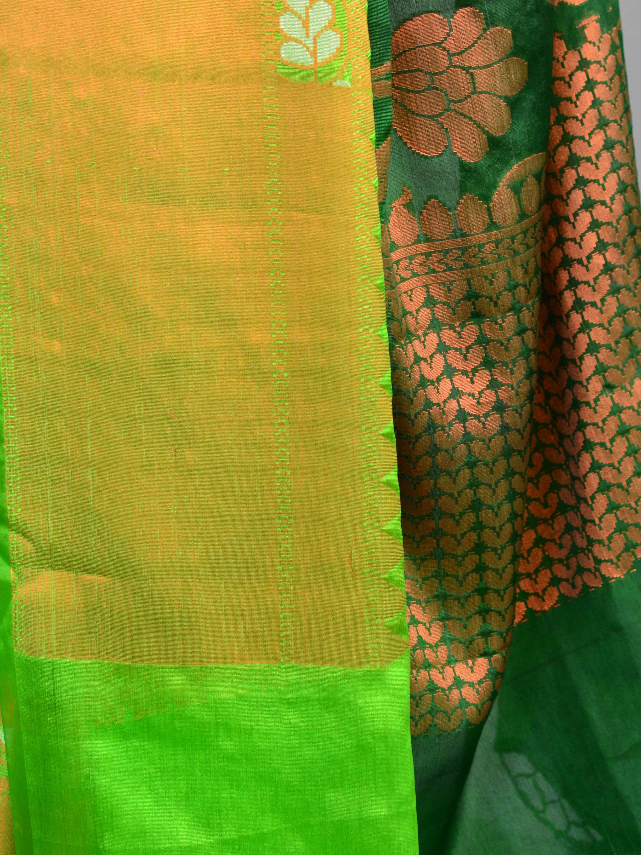 Banarasee Handwoven Semi-Chiffon Saree With Silver & Copper Zari & Dual Color-Green
