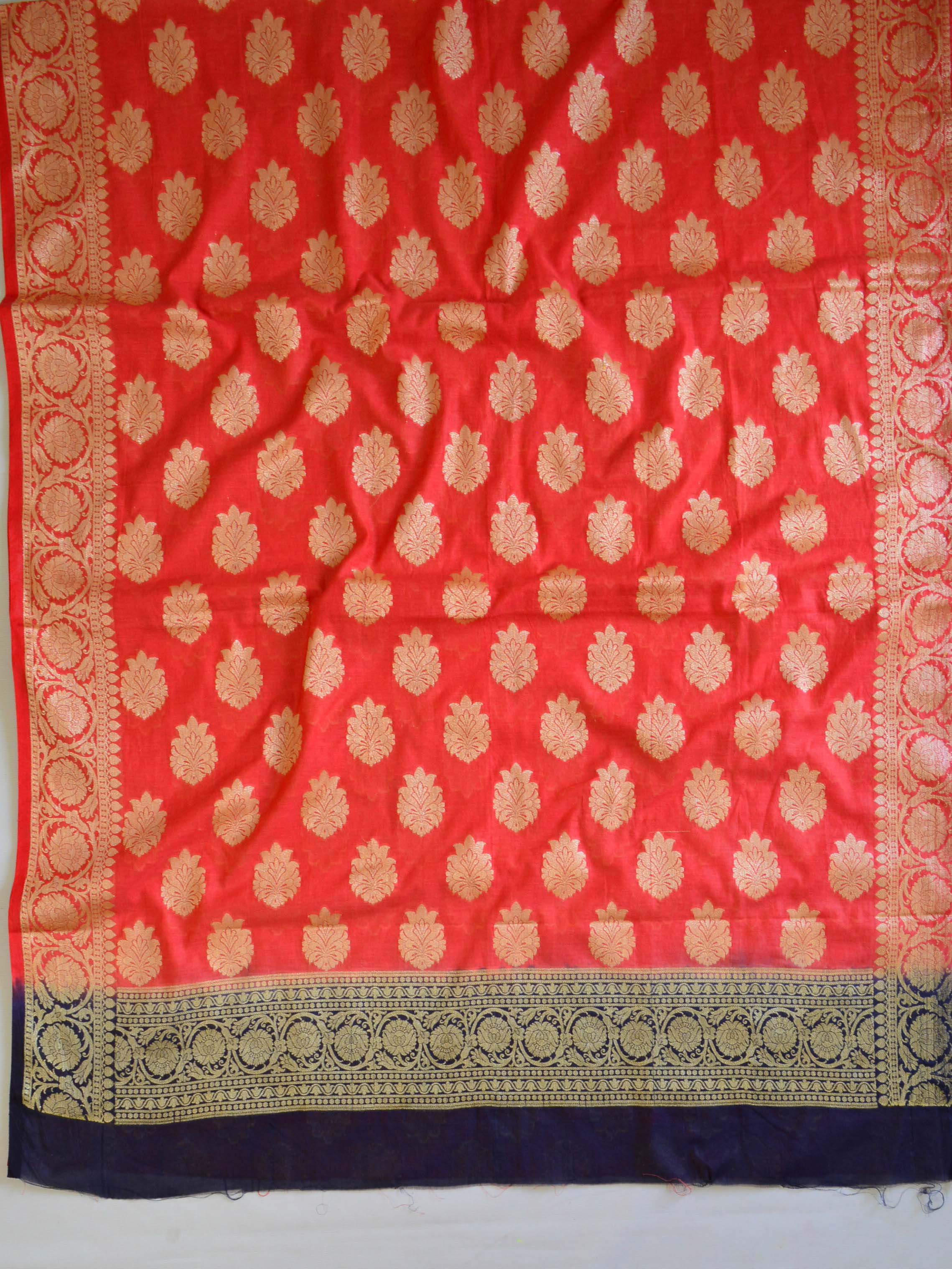 Banarasee Cotton Silk Zari Woven Salwar Kameez Dupatta Set-Orange With Blue