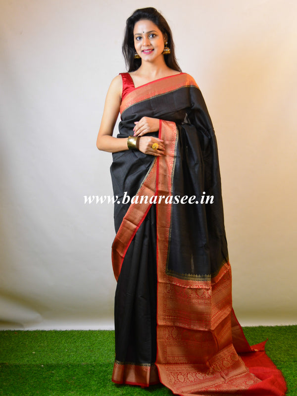 Banarasee Handwoven Pure Muga Silk Sari With Floral Border & Pallu-Black & Red