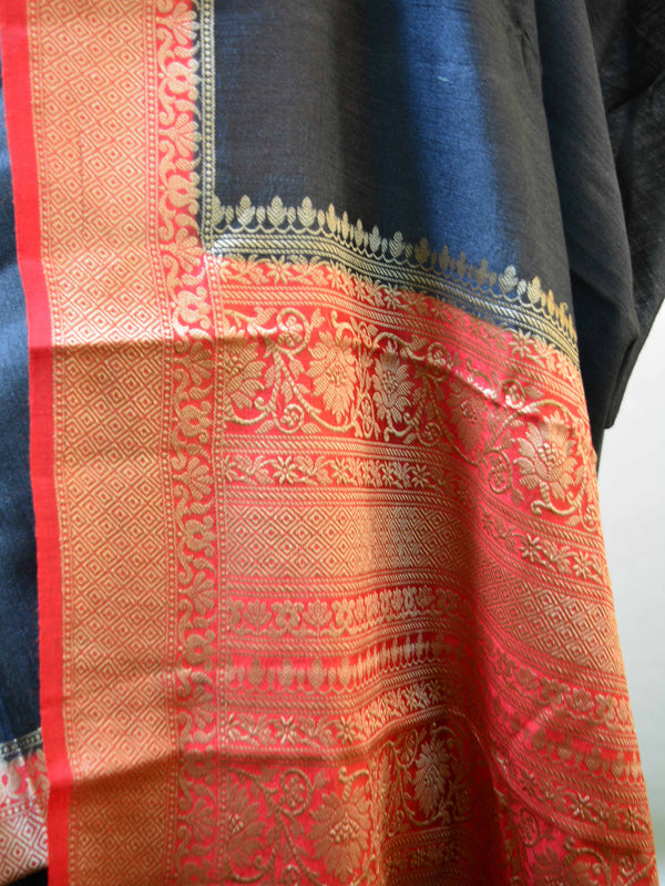 Banarasee Handwoven Pure Muga Silk Sari With Floral Border & Pallu-Black & Red