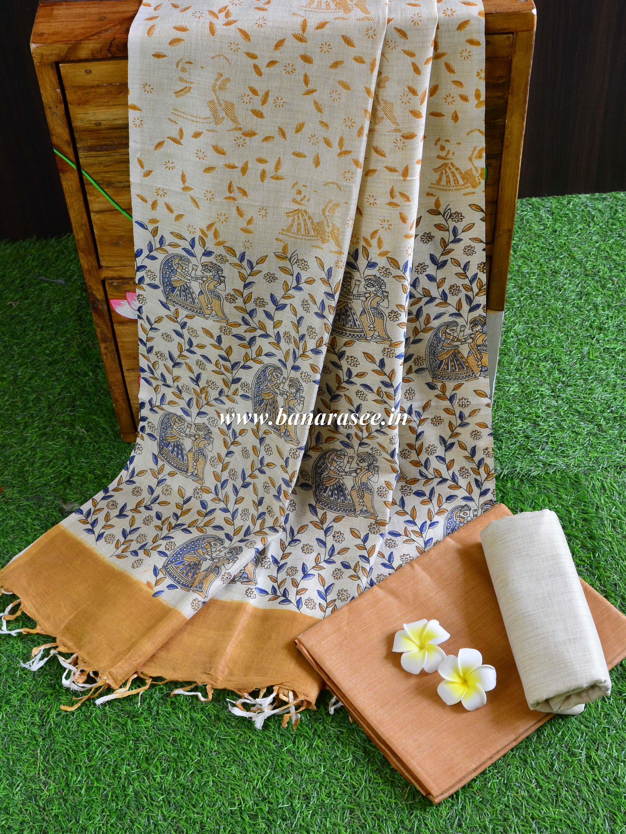 Handloom Khadi Cotton Salwar Kameez With Madhubani Print Dupatta-Beige