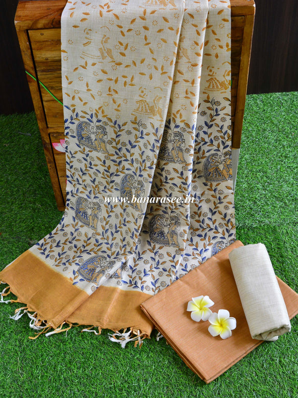 Handloom Khadi Cotton Salwar Kameez With Madhubani Print Dupatta-Beige