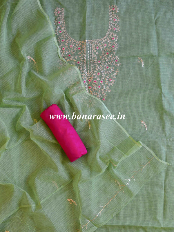 Pure Kota Doria Pitta Work Salwar Kameez Dupatta Set-Green